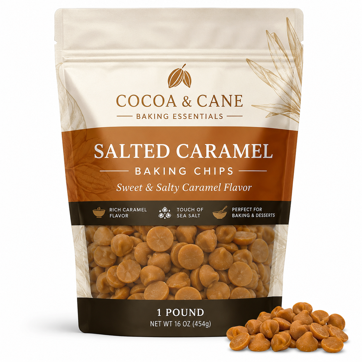 Cocoa & Cane Salted Caramel Baking Chips – Sweet & Salty Caramel Flavor