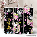 Black Cats Pink Rose Pattern 20oz Personalized Tumbler With Lid and Stainless Steel Straw, Cute Floral Kitty Gift Cup