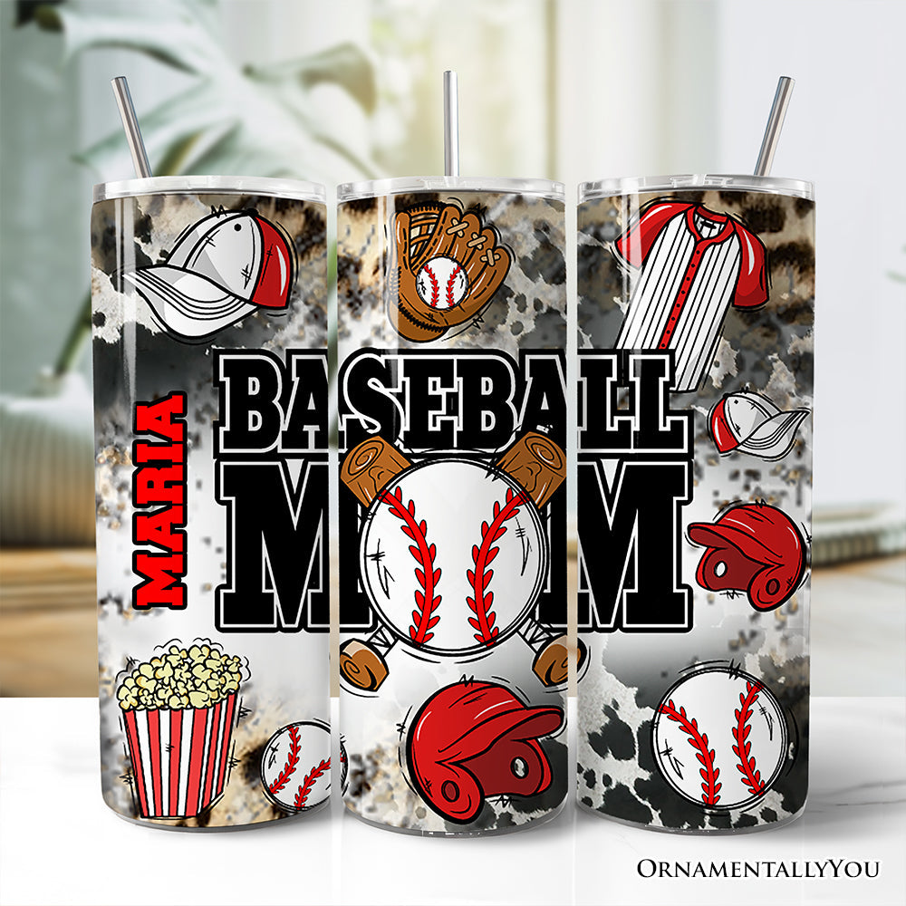 Black and Red Baseball Mom Pattern 20oz Personalized Tumbler With Lid and Stainless Steel Straw, Proud Sports Mothers Gift Cup