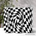 Black and White Checkerboard Swirl 20oz Personalized Tumbler With Lid and Stainless Steel Straw, Retro Optical Illusion Gift Cup