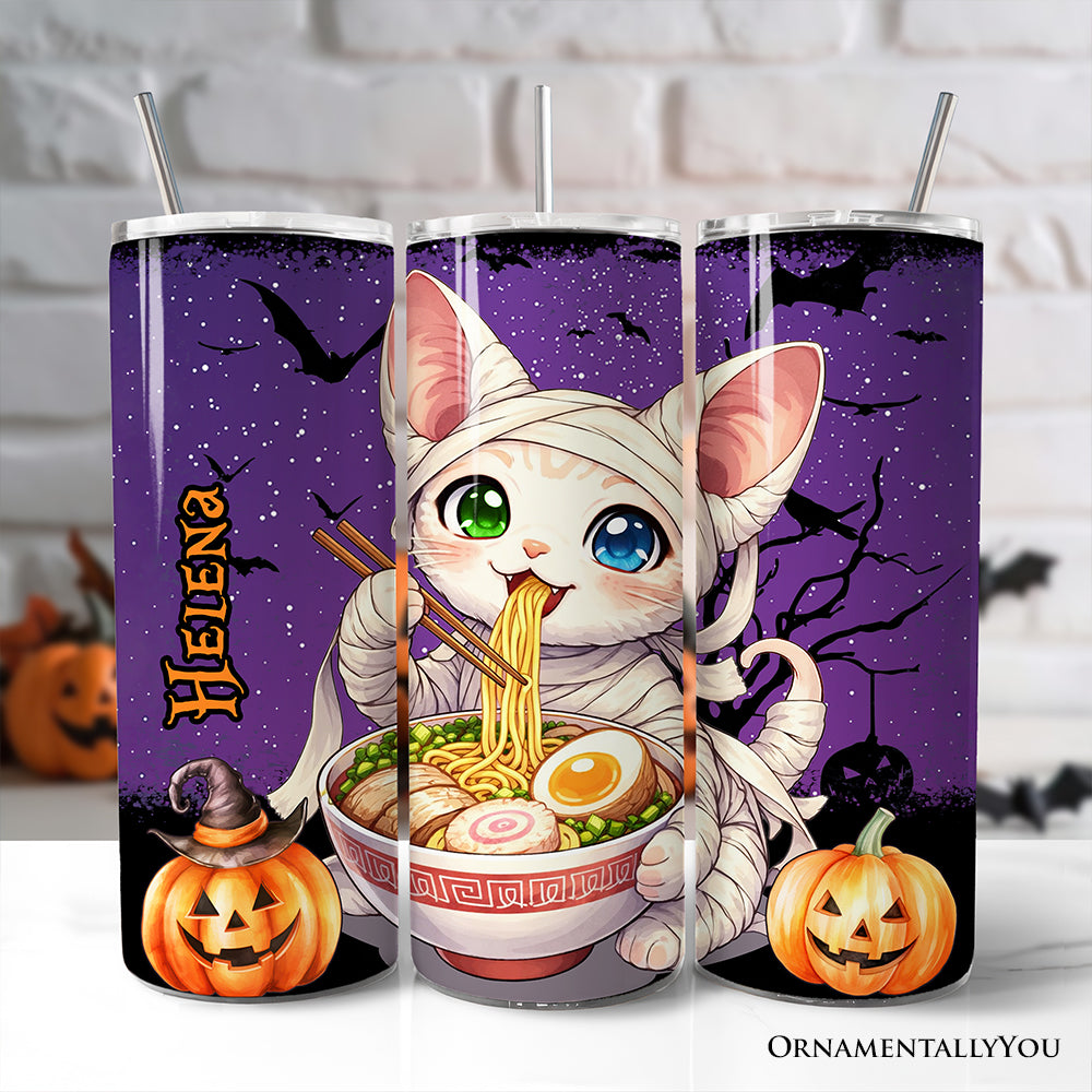 Kawaii Halloween Ramen Sphynx Cat 20oz Personalized Tumbler With Lid and Stainless Steel Straw, Japanese Anime Gift Cup