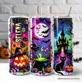 Neon Halloween Witch Scene 20oz Personalized Tumbler With Lid and Stainless Steel Straw, Colorful Spooky Gift Cup