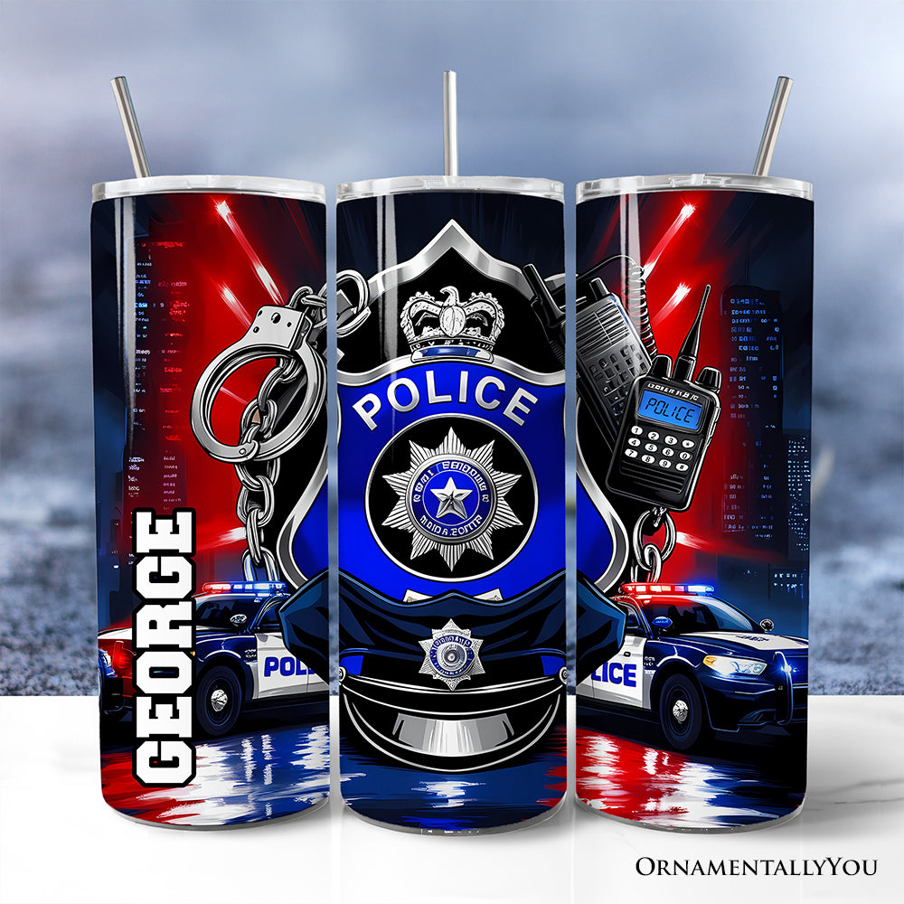 Police Badge and Patrol Car 20oz Personalized Tumbler With Lid and Stainless Steel Straw, Law Enforcement Appreciation Gift Cup