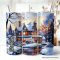 Watercolor Snowy Victorian Mansion Painting 20oz Personalized Tumbler With Lid and Stainless Steel Straw, Cozy Winter Estate Gift Cup