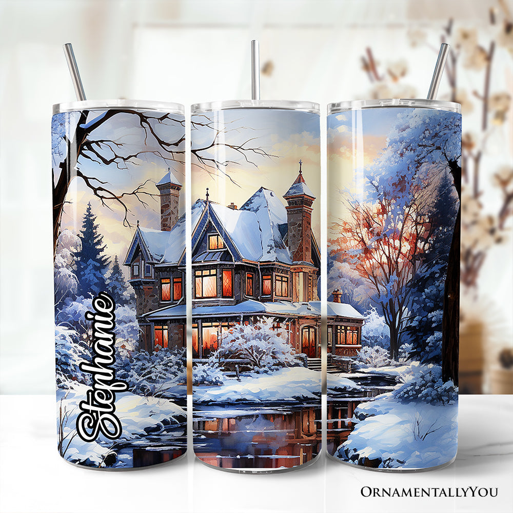 Watercolor Snowy Victorian Mansion Painting 20oz Personalized Tumbler With Lid and Stainless Steel Straw, Cozy Winter Estate Gift Cup