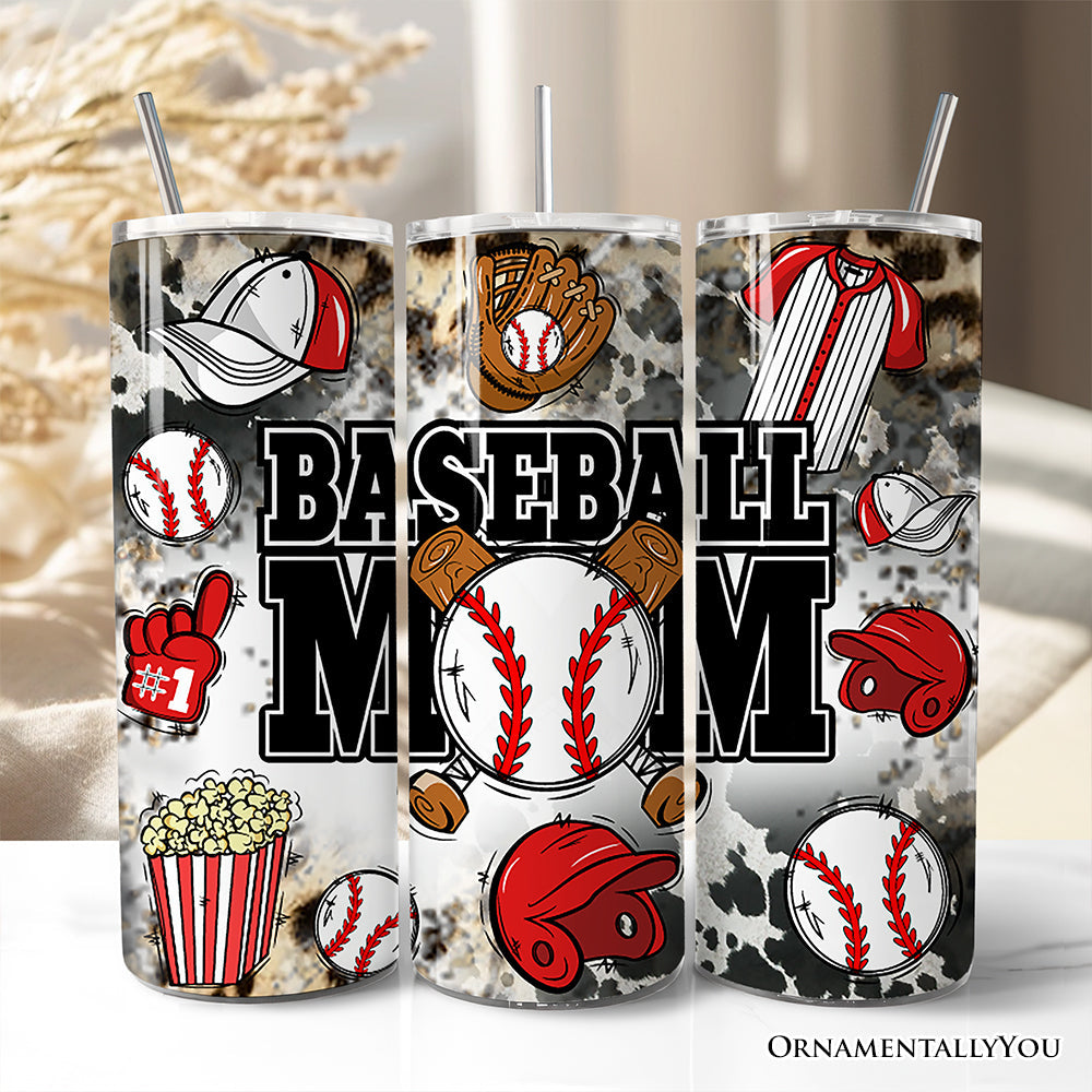 Black and Red Baseball Mom Pattern 20oz Personalized Tumbler With Lid and Stainless Steel Straw, Proud Sports Mothers Gift Cup