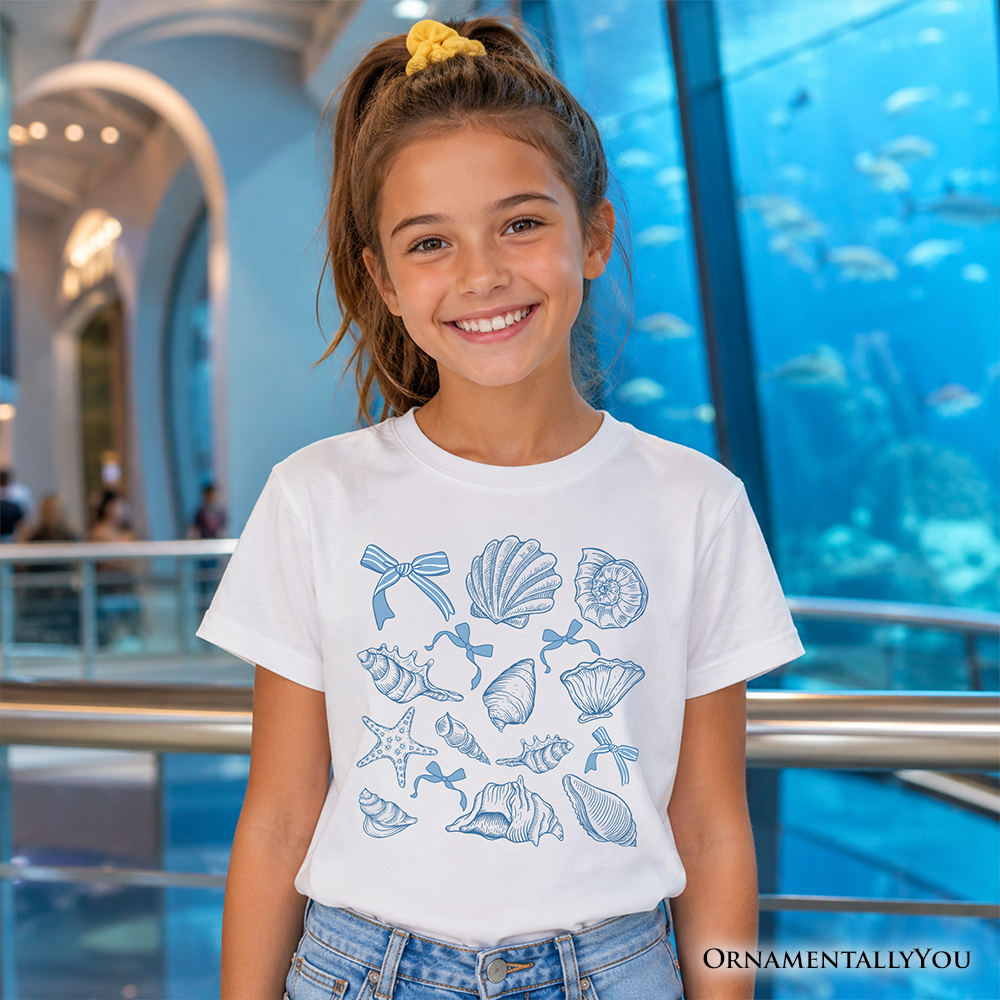 Kids Coquette Seashell Summer Vibe T-Shirt, Retro Beach Tee Gift for Ocean Lover