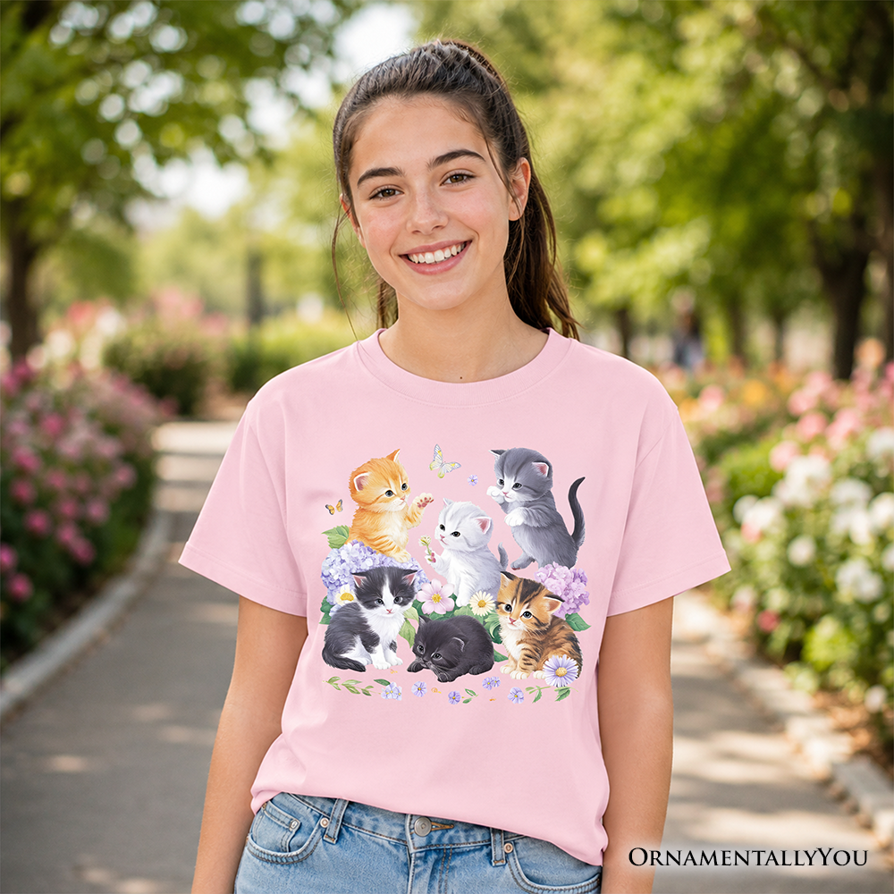 Kids Cute Baby Cats Wildflower T-Shirt, Cottagecore Botanical Cat Youth Tee