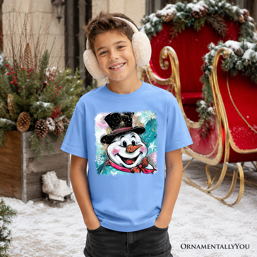 Kids Brushstroke Cute Snowman T-Shirt, Preppy Youth Merry Christmas Glitter Holiday Tee