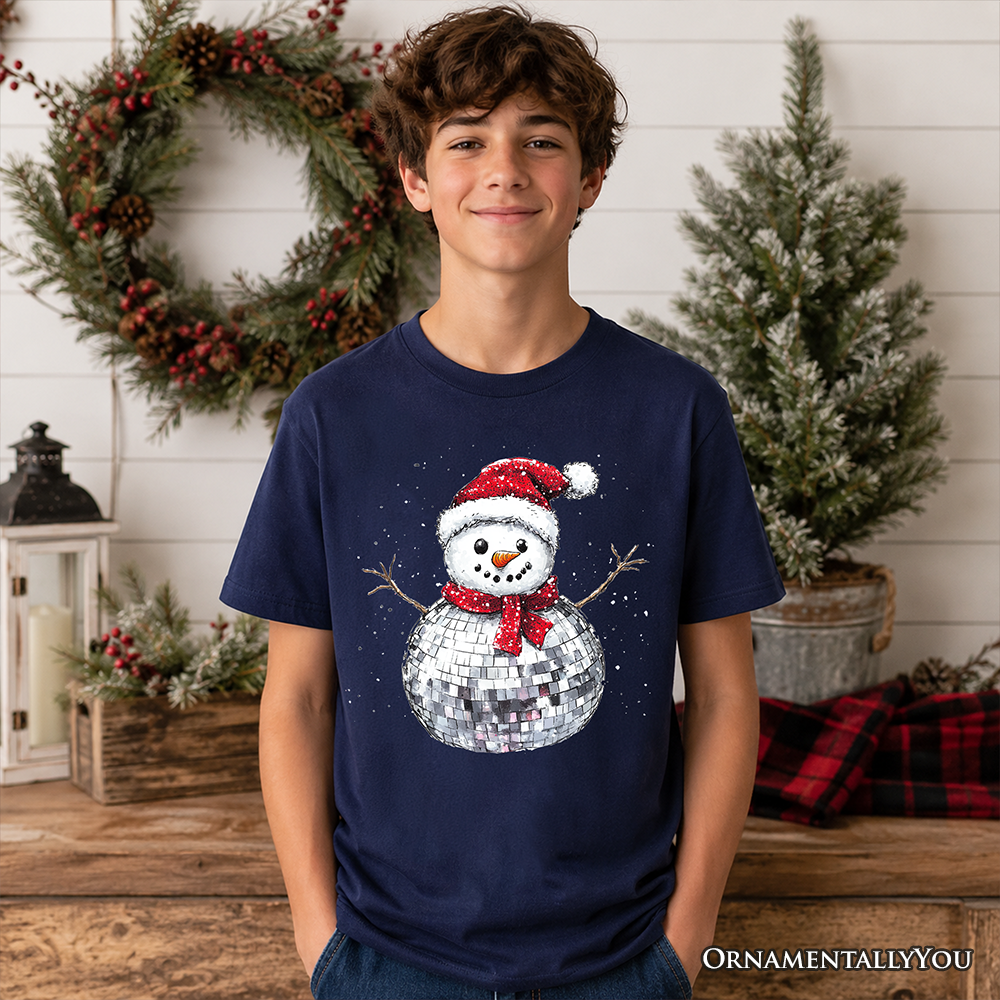 Kids Disco Snowman Christmas T-Shirt, Retro Holiday Youth Tee for Dancers