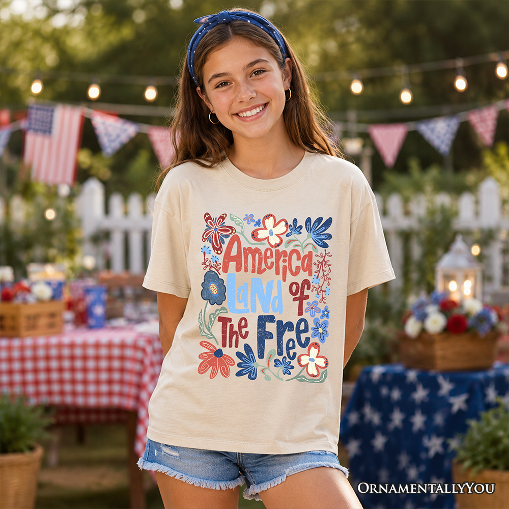Kids America Land of the Free T-Shirt, Retro Youth Floral Independence Day Tee