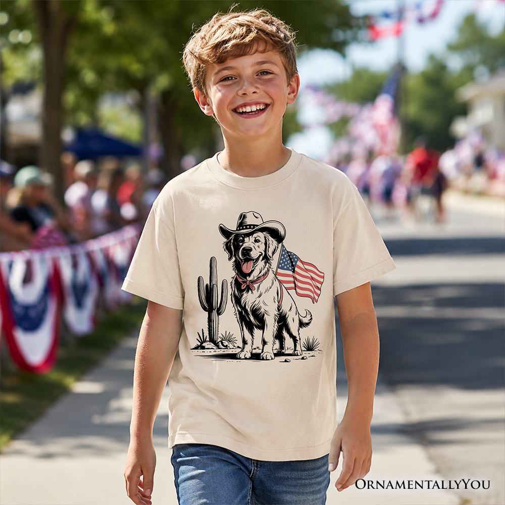 Kids American Cowboy Dog T-Shirt, Western Youth 4th of July Tee for Pet Lovers