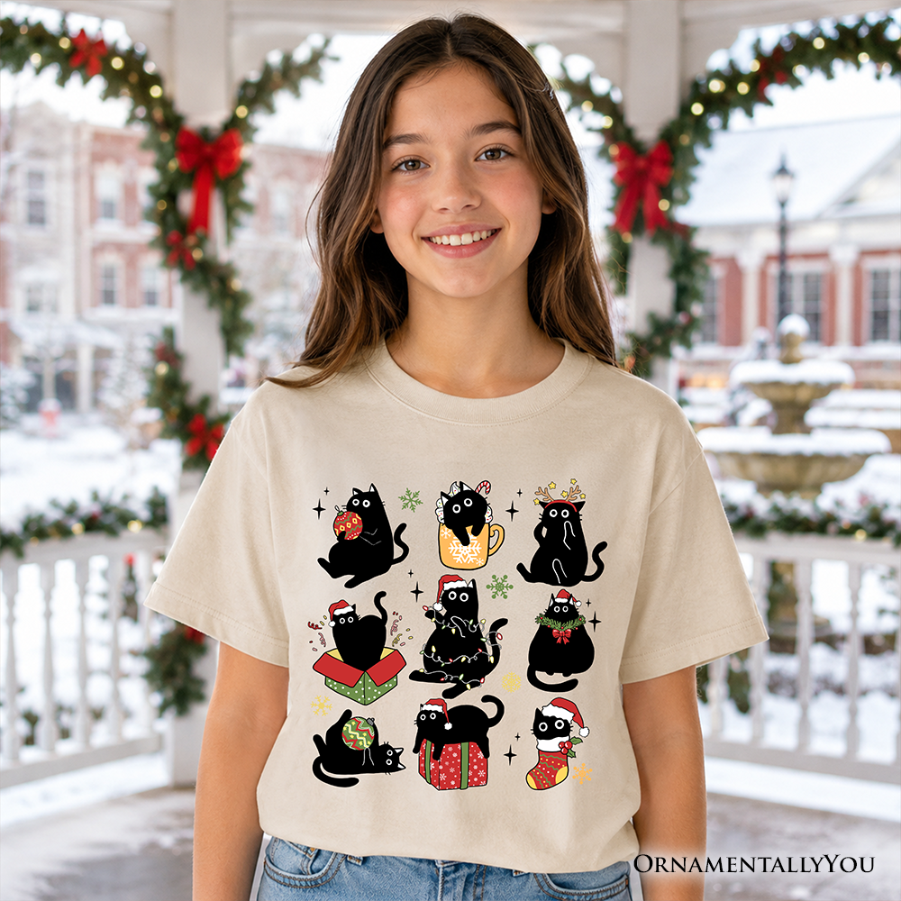 Kids Christmas Black Cats T-Shirt, Whimsical Cats with Santa Hat Youth Tee