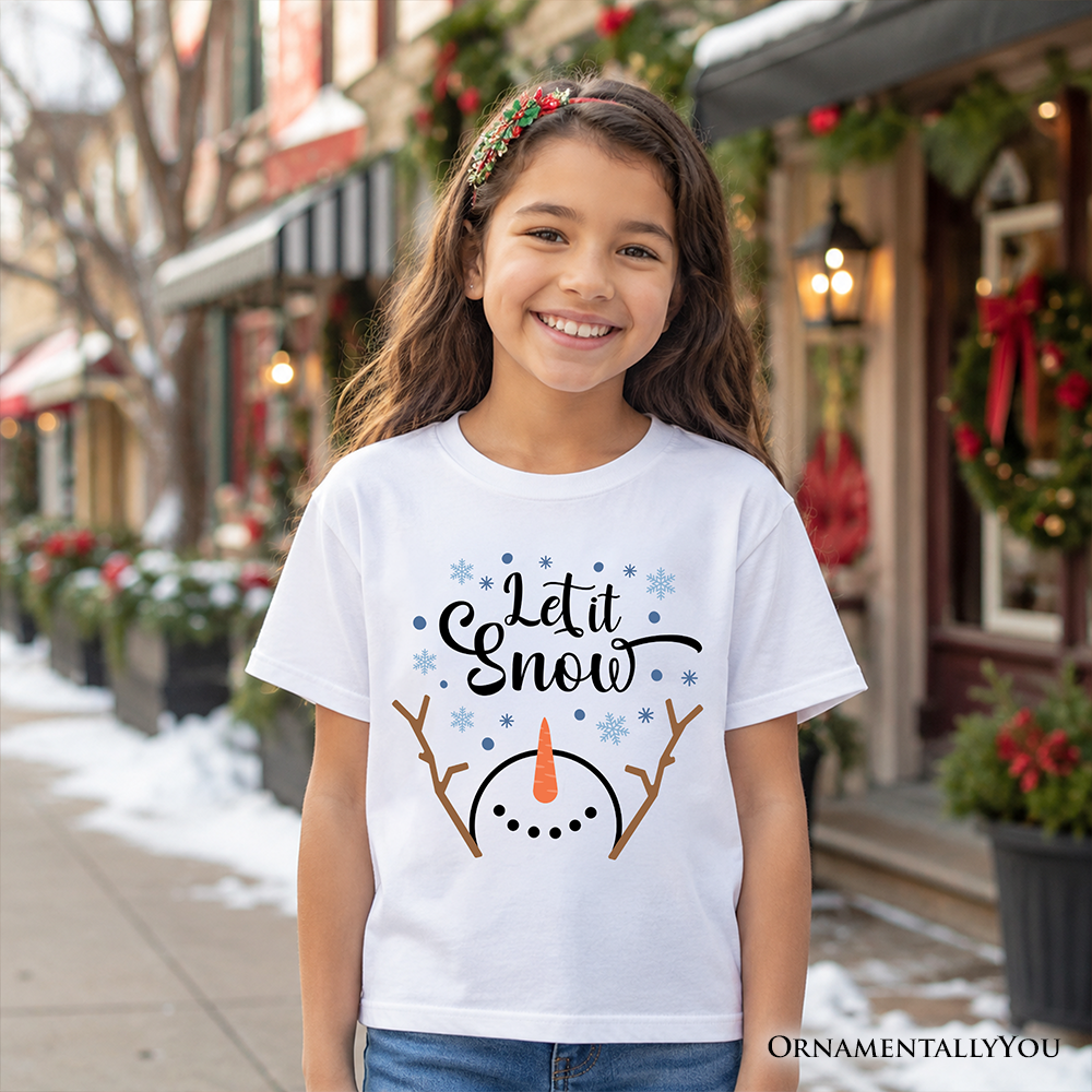 Kids Let It Snow Snowman T-Shirt, Snowflakes Minimalist Youth Tee for Winter Holiday Season