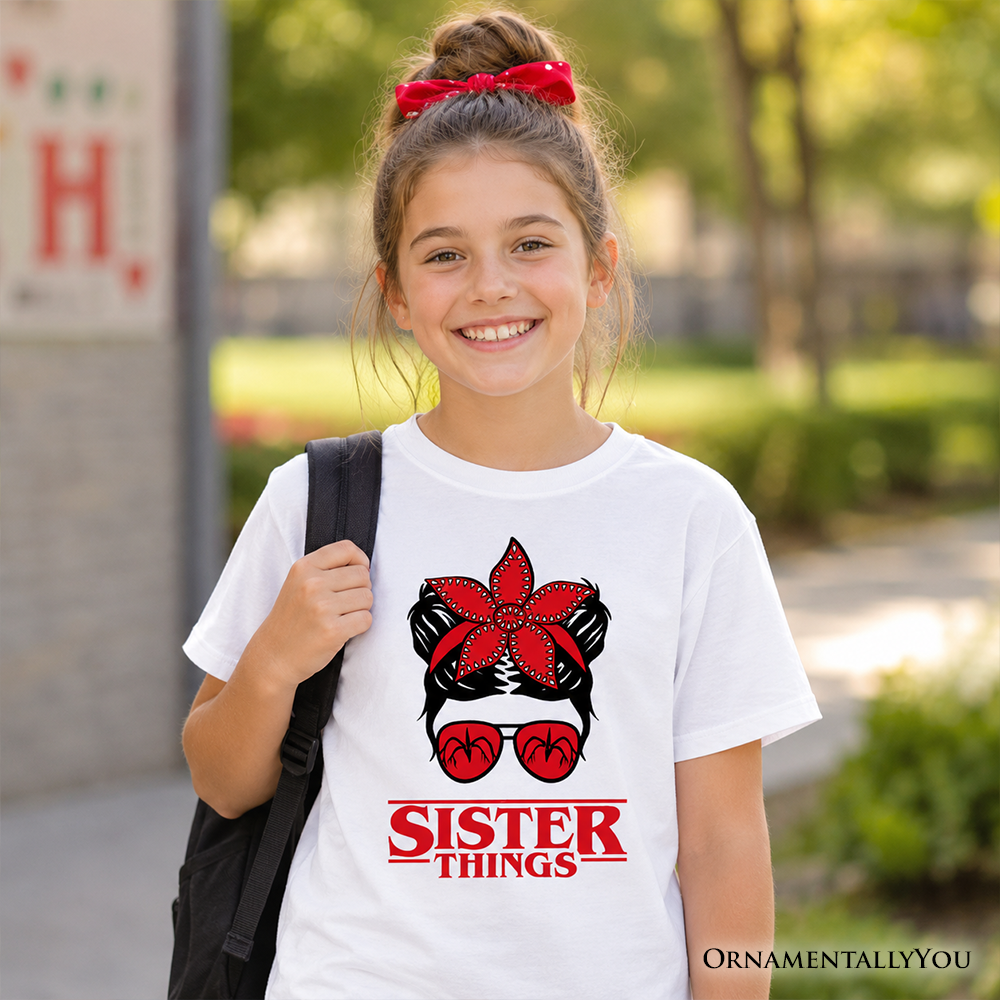 Kids Sister Things Messy Bun Retro T-Shirt, Red Bandana Glasses Family Matching Youth Tee