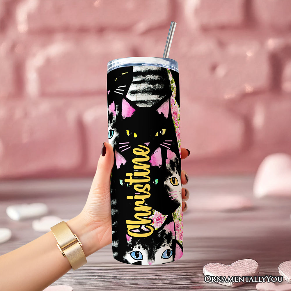 Black Cats Pink Rose Pattern 20oz Personalized Tumbler With Lid and Stainless Steel Straw, Cute Floral Kitty Gift Cup