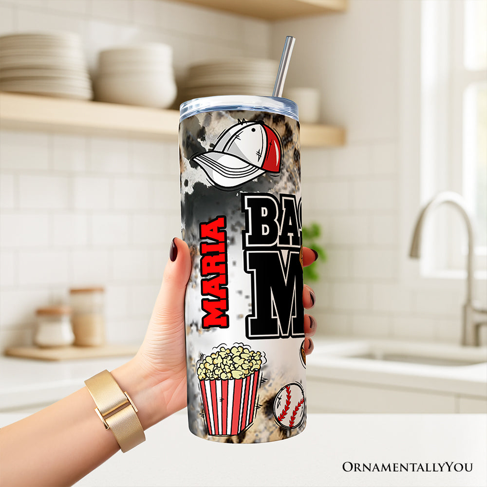 Black and Red Baseball Mom Pattern 20oz Personalized Tumbler With Lid and Stainless Steel Straw, Proud Sports Mothers Gift Cup