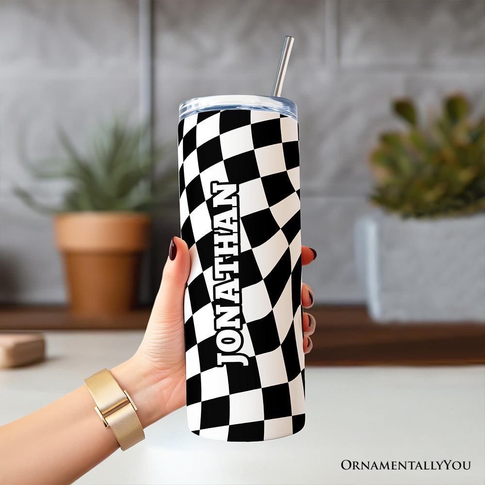 Black and White Checkerboard Swirl 20oz Personalized Tumbler With Lid and Stainless Steel Straw, Retro Optical Illusion Gift Cup