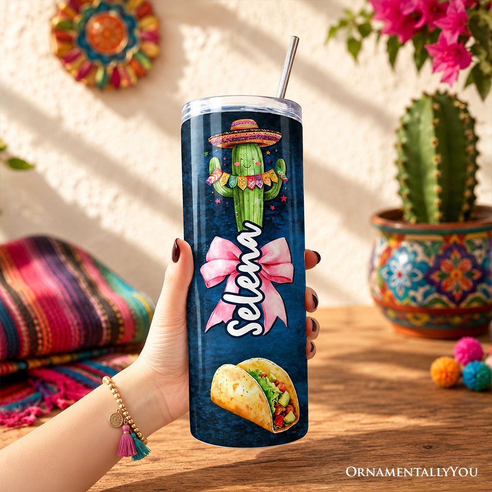 Cinco De Mayo Coquette Bow 20oz Personalized Tumbler With Lid and Stainless Steel Straw, Mexican Fiesta Maracas Gift Cup