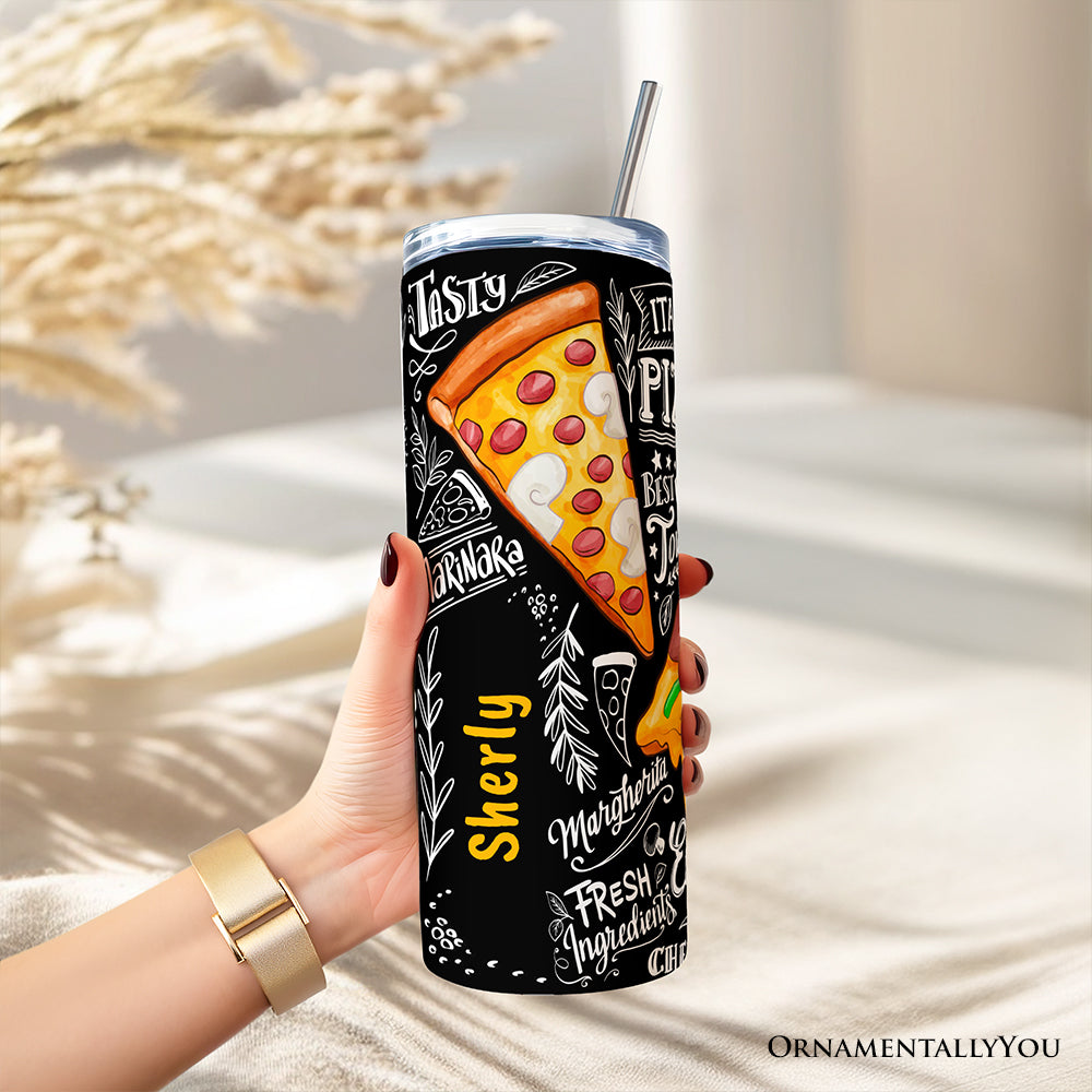 Classic Pizza Slice Doodle 20oz Personalized Tumbler With Lid and Stainless Steel Straw, Italian Pizzeria Chalk Art Gift Cup