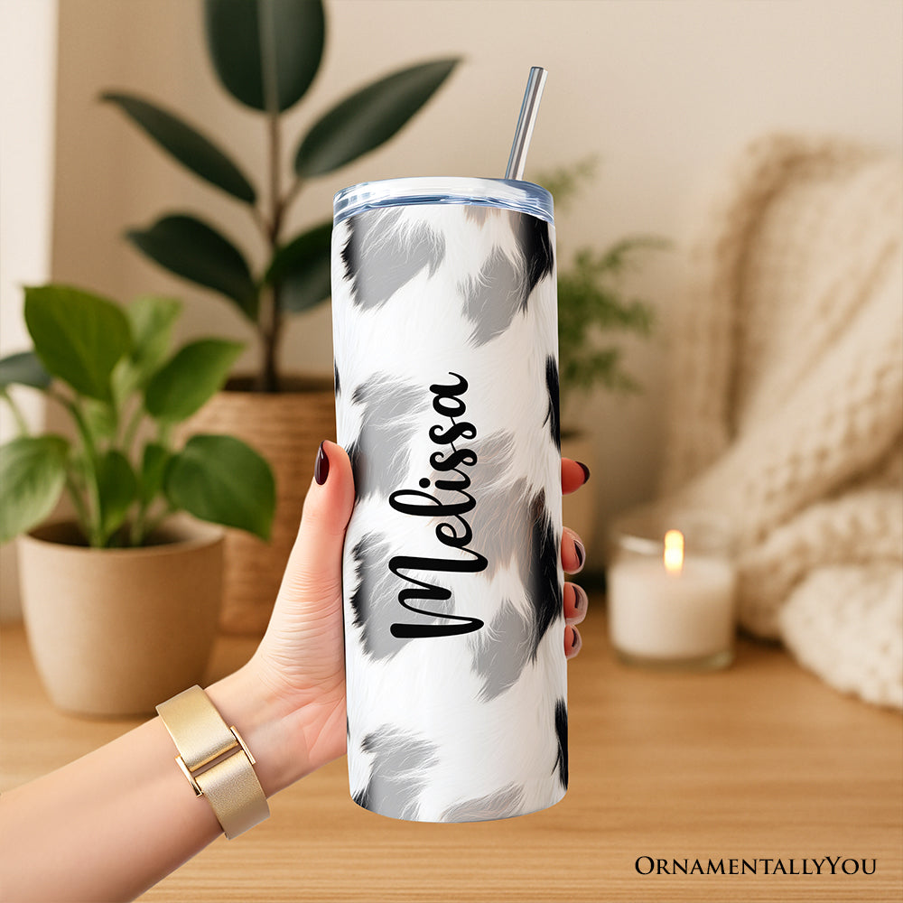 Cowhide Fur Pattern 20oz Personalized Tumbler With Lid and Stainless Steel Straw, Rustic Farmhouse Gift Cup
