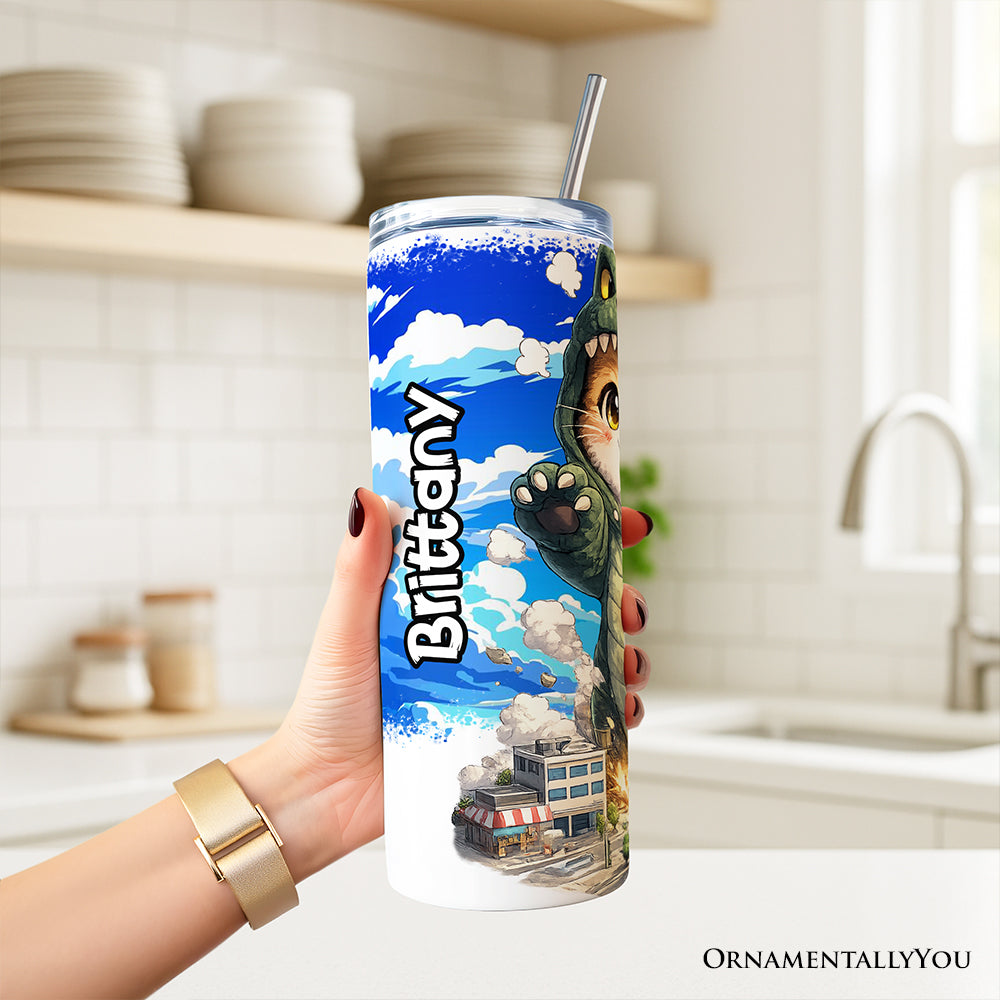 Kawaii Cat Kaiju City Destroyer 20oz Personalized Tumbler With Lid and Stainless Steel Straw, Japanese Anime Gift Cup