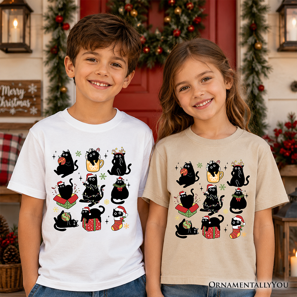 Kids Christmas Black Cats T-Shirt, Whimsical Cats with Santa Hat Youth Tee