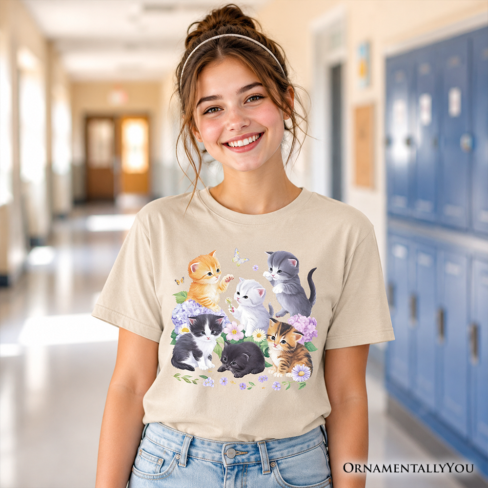 Kids Cute Baby Cats Wildflower T-Shirt, Cottagecore Botanical Cat Youth Tee
