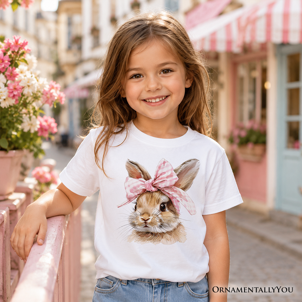 Kids Easter Bunny Coquette Pink Bow T-Shirt, Cute Watercolor Spring Tee for Youth Girls
