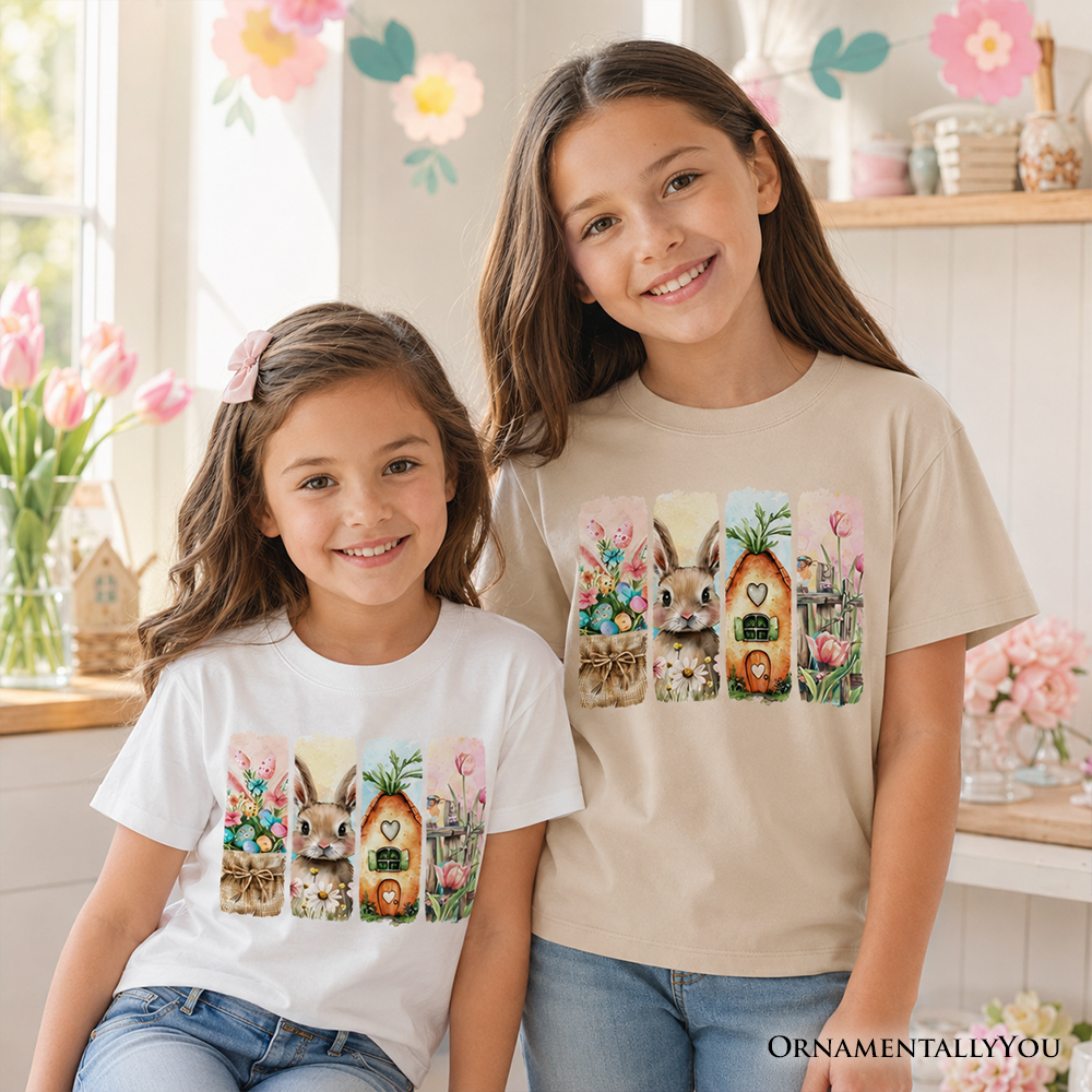 Kids Easter Bunny Floral Brushstroke T-Shirt, Spring Pastel Coquette Tee for Youth