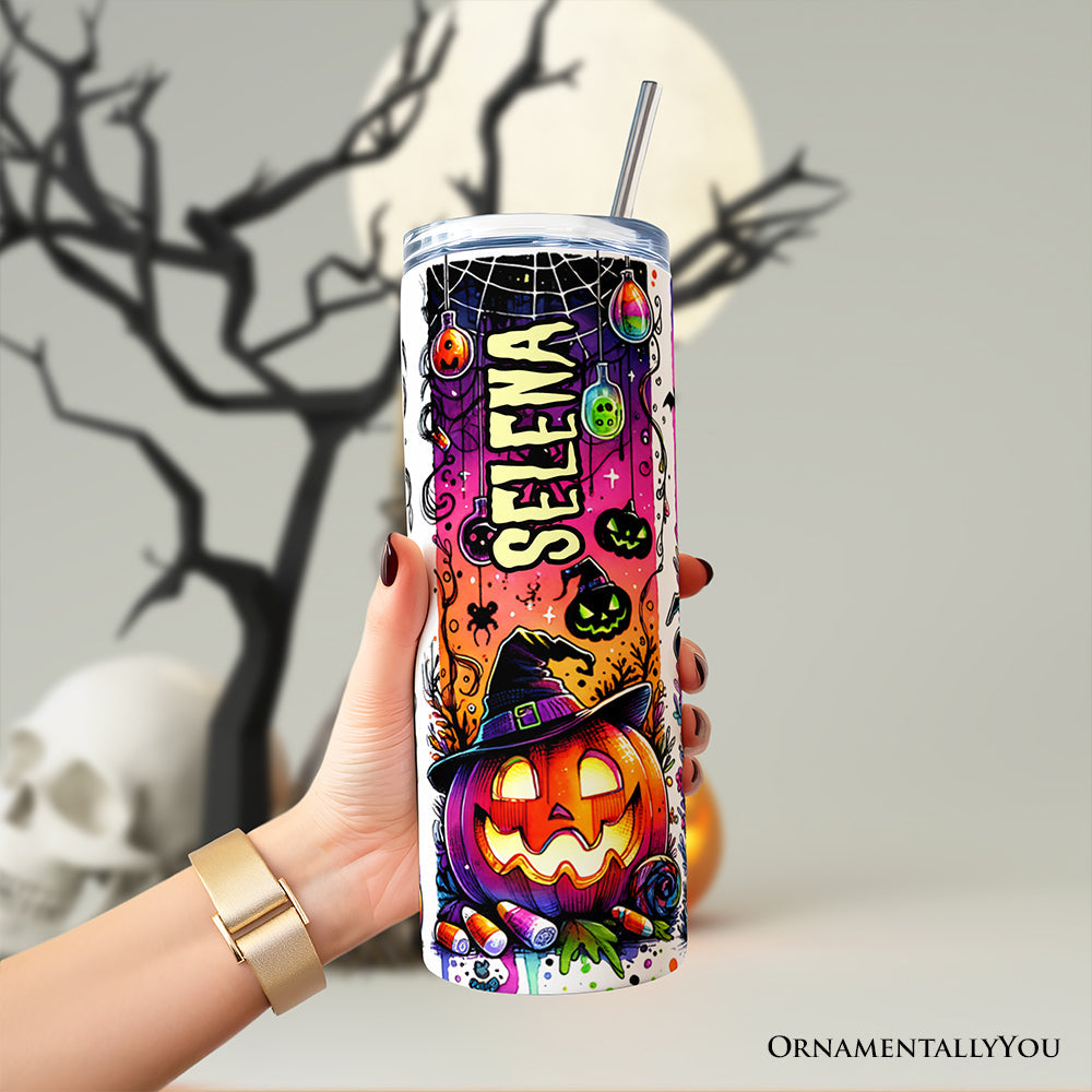 Neon Halloween Witch Scene 20oz Personalized Tumbler With Lid and Stainless Steel Straw, Colorful Spooky Gift Cup