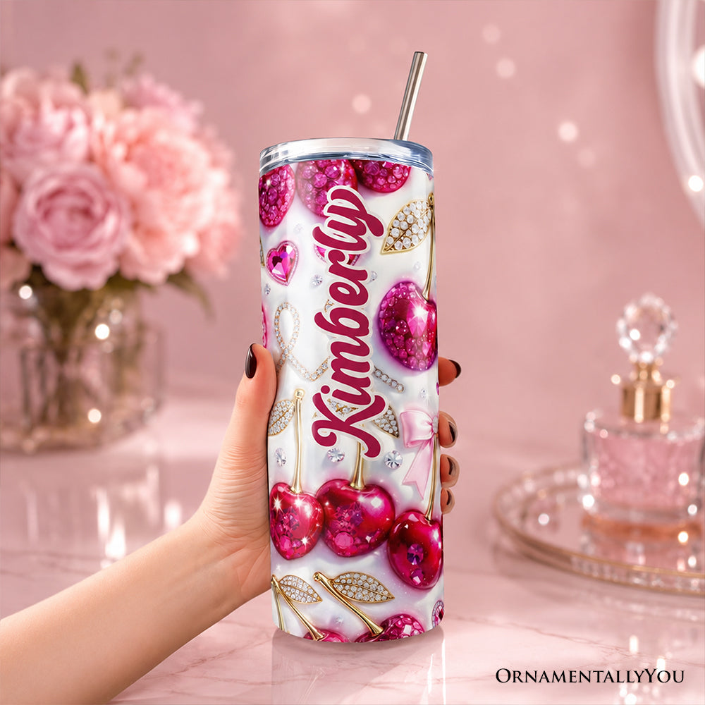 Pink Rhinestone Cherry Bow 20oz Personalized Tumbler With Lid and Stainless Steel Straw, Sparkly Valentine Coquette Gift Cup