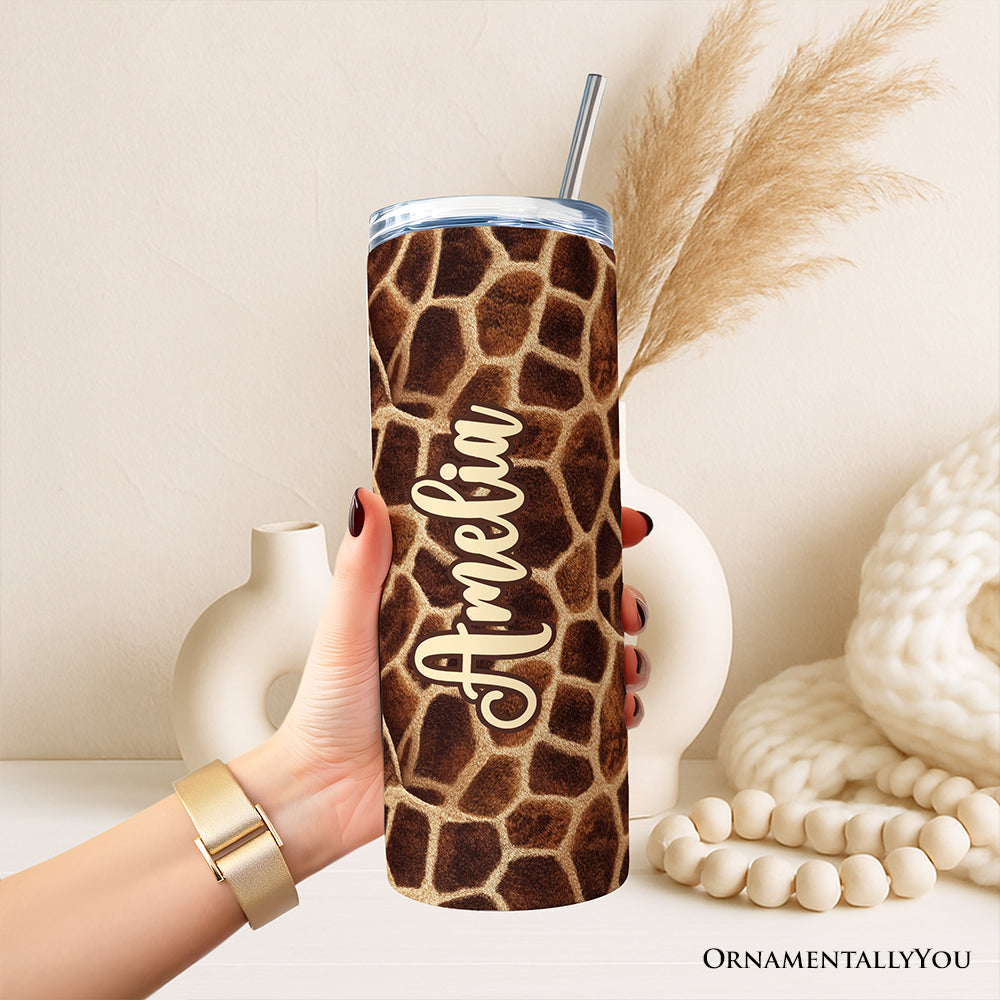 Safari Giraffe Print 20oz Personalized Tumbler With Lid and Stainless Steel Straw, Stylish Wildlife Gift Cup