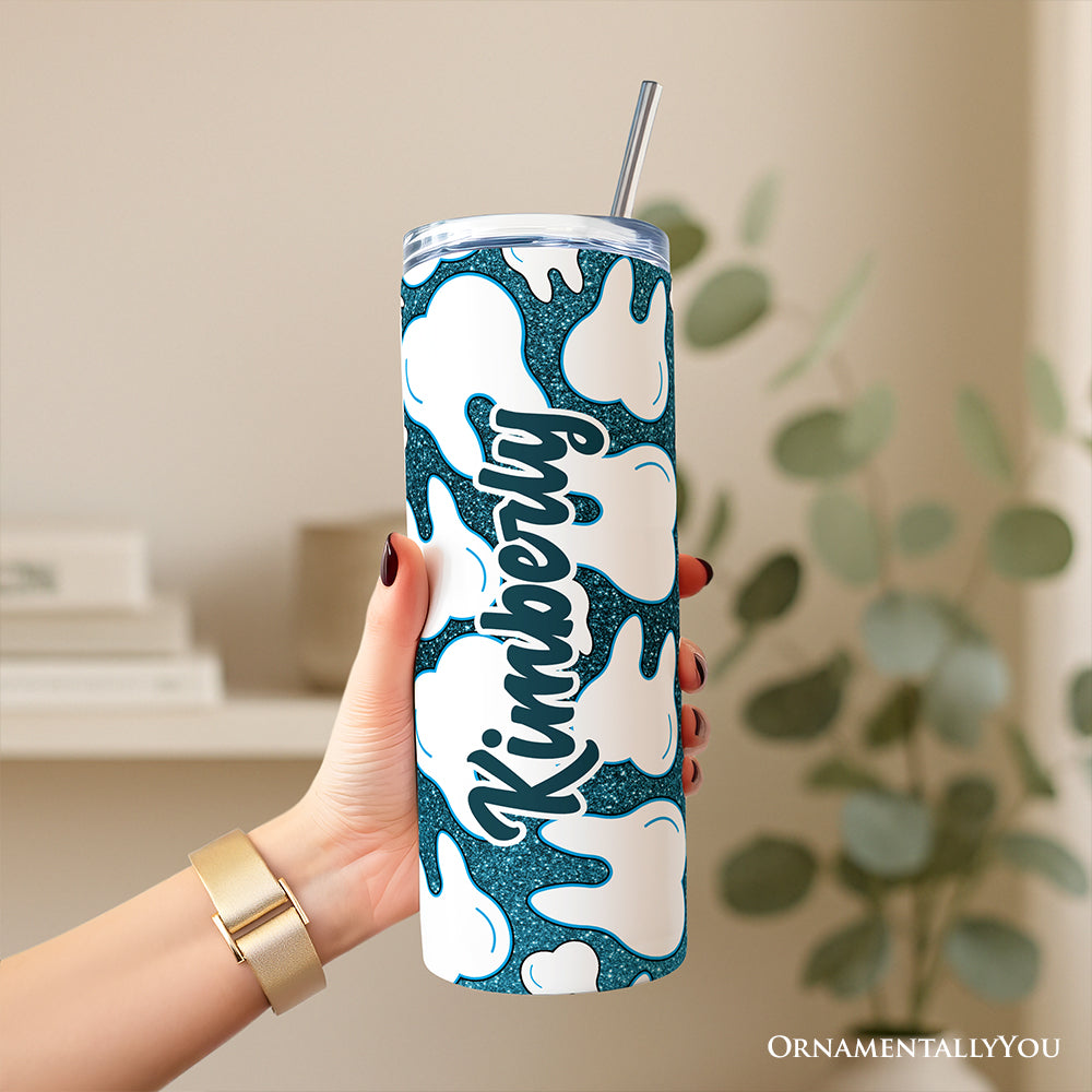 Sparkly Blue Tooth Pattern 20oz Personalized Tumbler With Lid and Stainless Steel Straw, Dental Hygienist Gift Cup