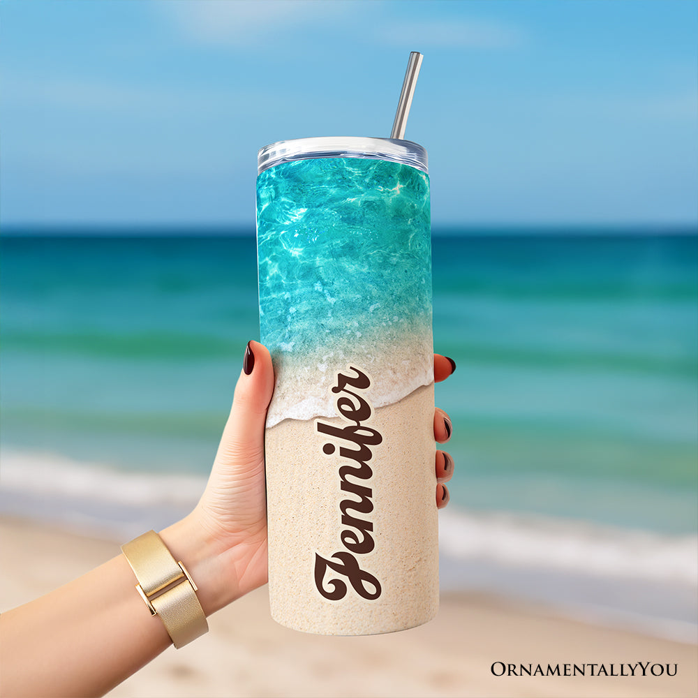 Turquoise Ocean Shore 20oz Personalized Tumbler With Lid and Stainless Steel Straw, Tropical Summer Coastal Gift Cup