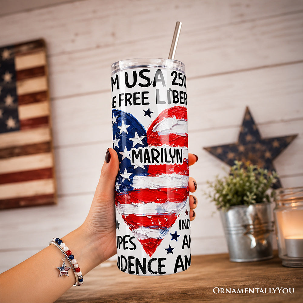 USA 250 Heart Patriotic 20oz Personalized Tumbler With Lid and Stainless Steel Straw, Retro 4th of July Gift Cup