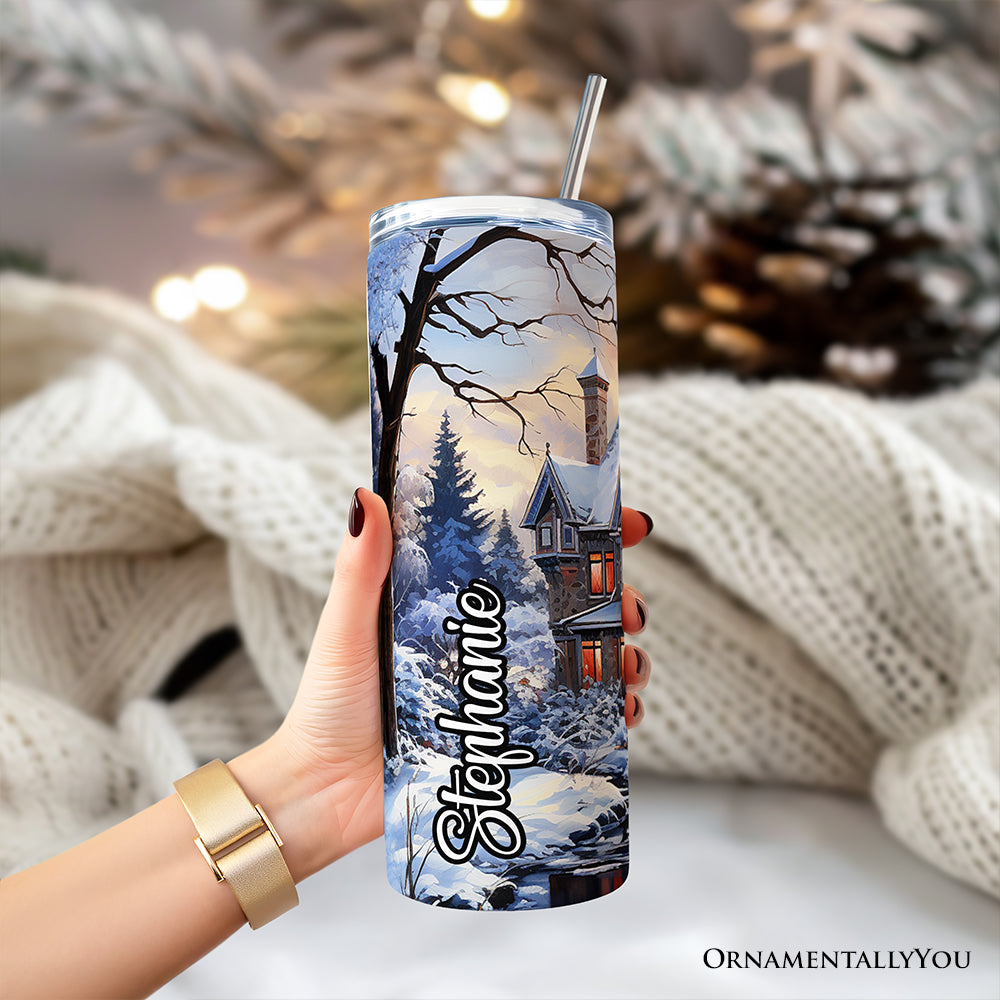 Watercolor Snowy Victorian Mansion Painting 20oz Personalized Tumbler With Lid and Stainless Steel Straw, Cozy Winter Estate Gift Cup