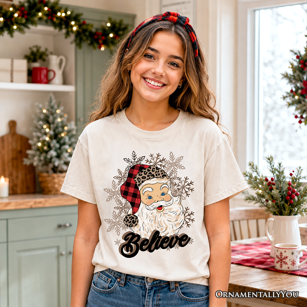 Kids Believe Santa Buffalo Plaid T-Shirt, Retro Christmas Youth Tee