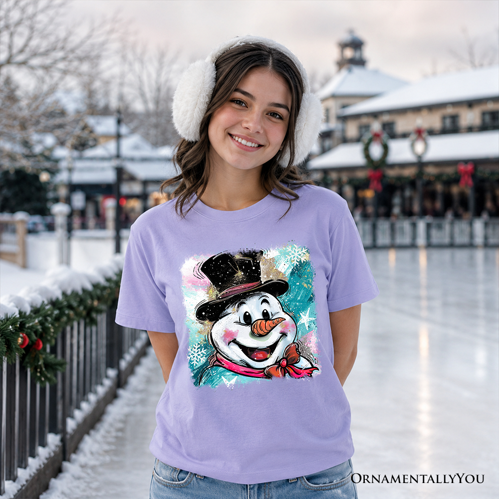 Kids Brushstroke Cute Snowman T-Shirt, Preppy Youth Merry Christmas Glitter Holiday Tee