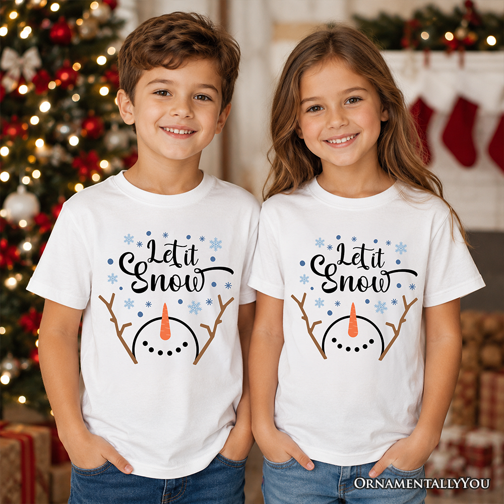 Kids Let It Snow Snowman T-Shirt, Snowflakes Minimalist Youth Tee for Winter Holiday Season