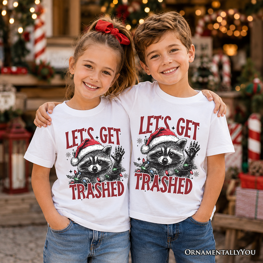 Kids Let's Get Trashed Christmas Raccoon T-Shirt, Funny Youth Tee