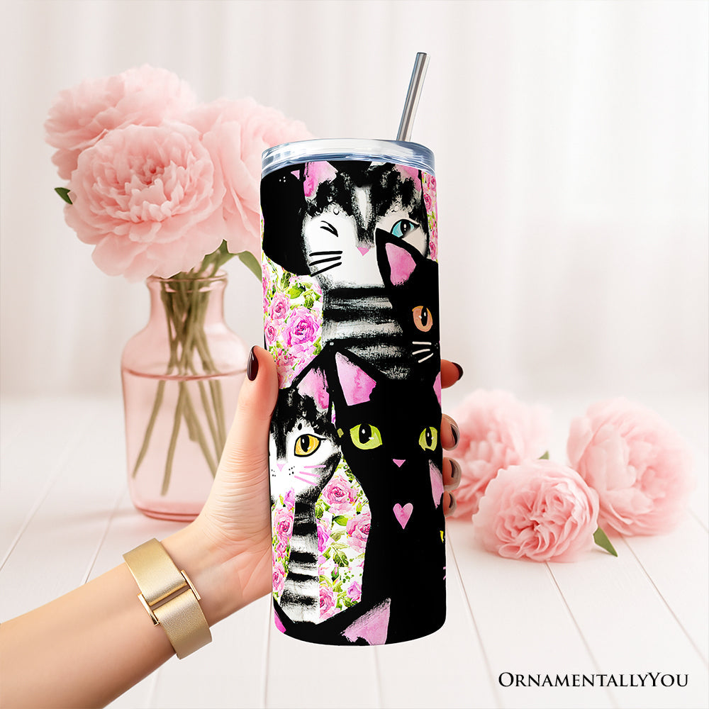 Black Cats Pink Rose Pattern 20oz Personalized Tumbler With Lid and Stainless Steel Straw, Cute Floral Kitty Gift Cup