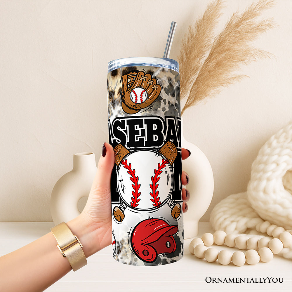 Black and Red Baseball Mom Pattern 20oz Personalized Tumbler With Lid and Stainless Steel Straw, Proud Sports Mothers Gift Cup