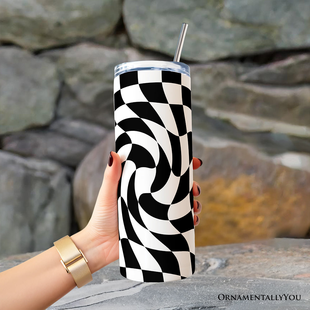 Black and White Checkerboard Swirl 20oz Personalized Tumbler With Lid and Stainless Steel Straw, Retro Optical Illusion Gift Cup
