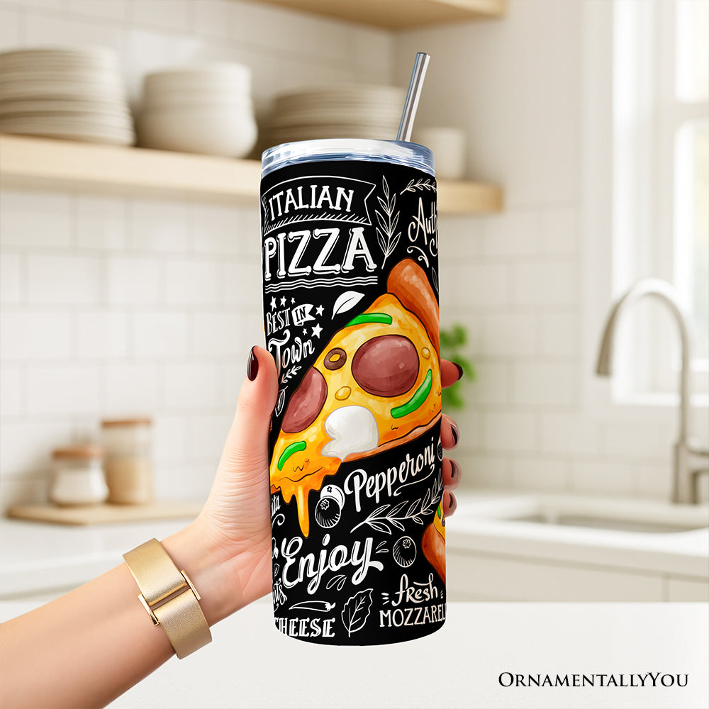 Classic Pizza Slice Doodle 20oz Personalized Tumbler With Lid and Stainless Steel Straw, Italian Pizzeria Chalk Art Gift Cup