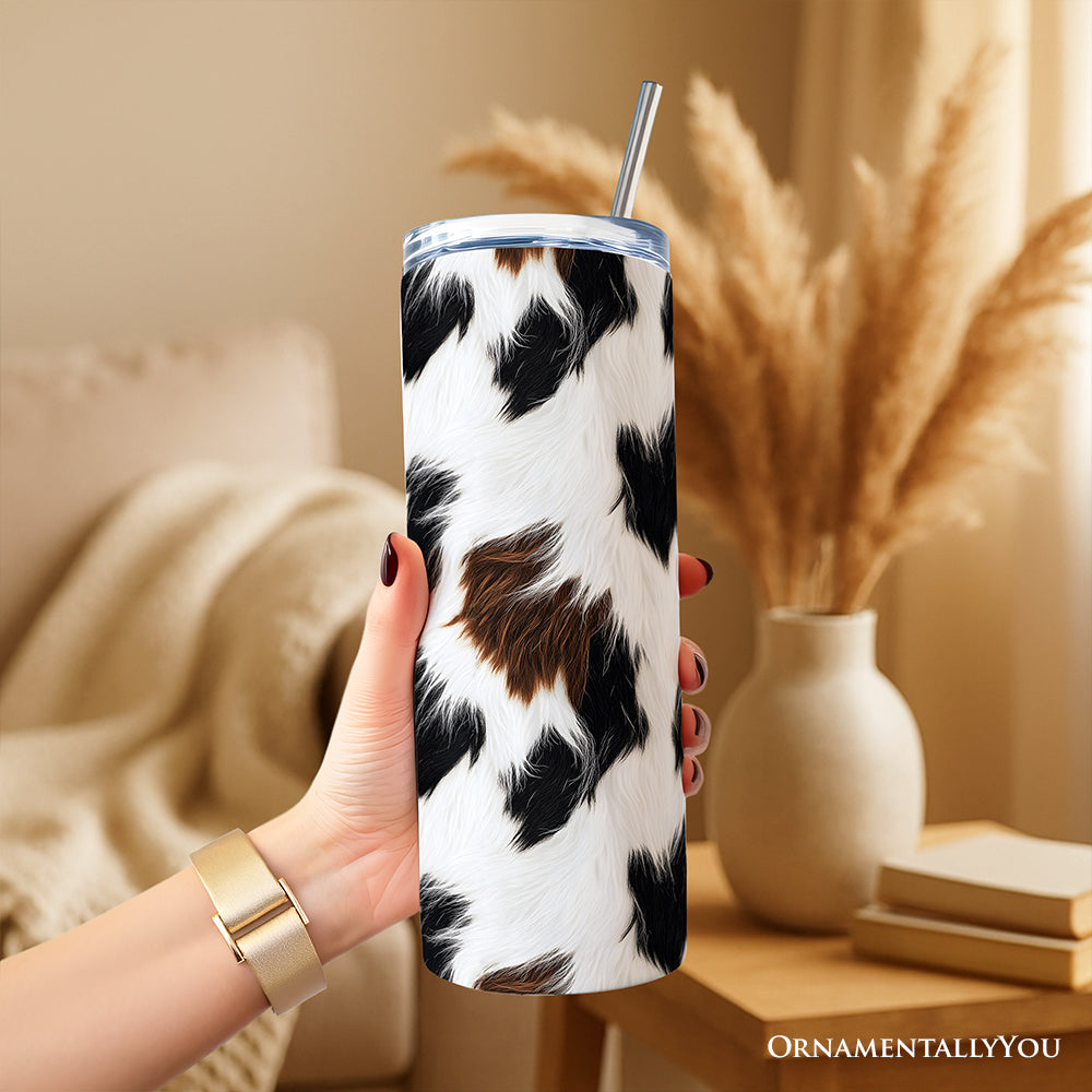 Cowhide Fur Pattern 20oz Personalized Tumbler With Lid and Stainless Steel Straw, Rustic Farmhouse Gift Cup