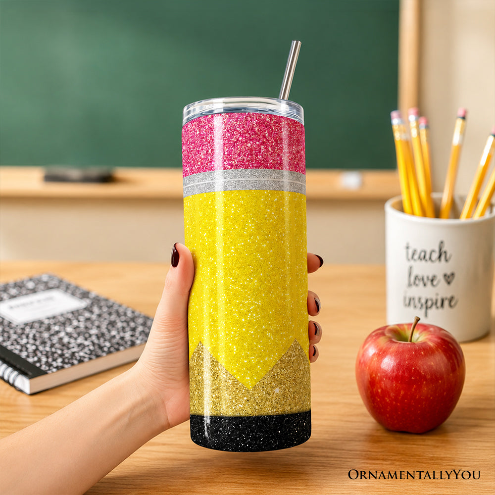 Glitter Pencil Design 20oz Personalized Tumbler With Lid and Stainless Steel Straw, School Teacher Gift Cup