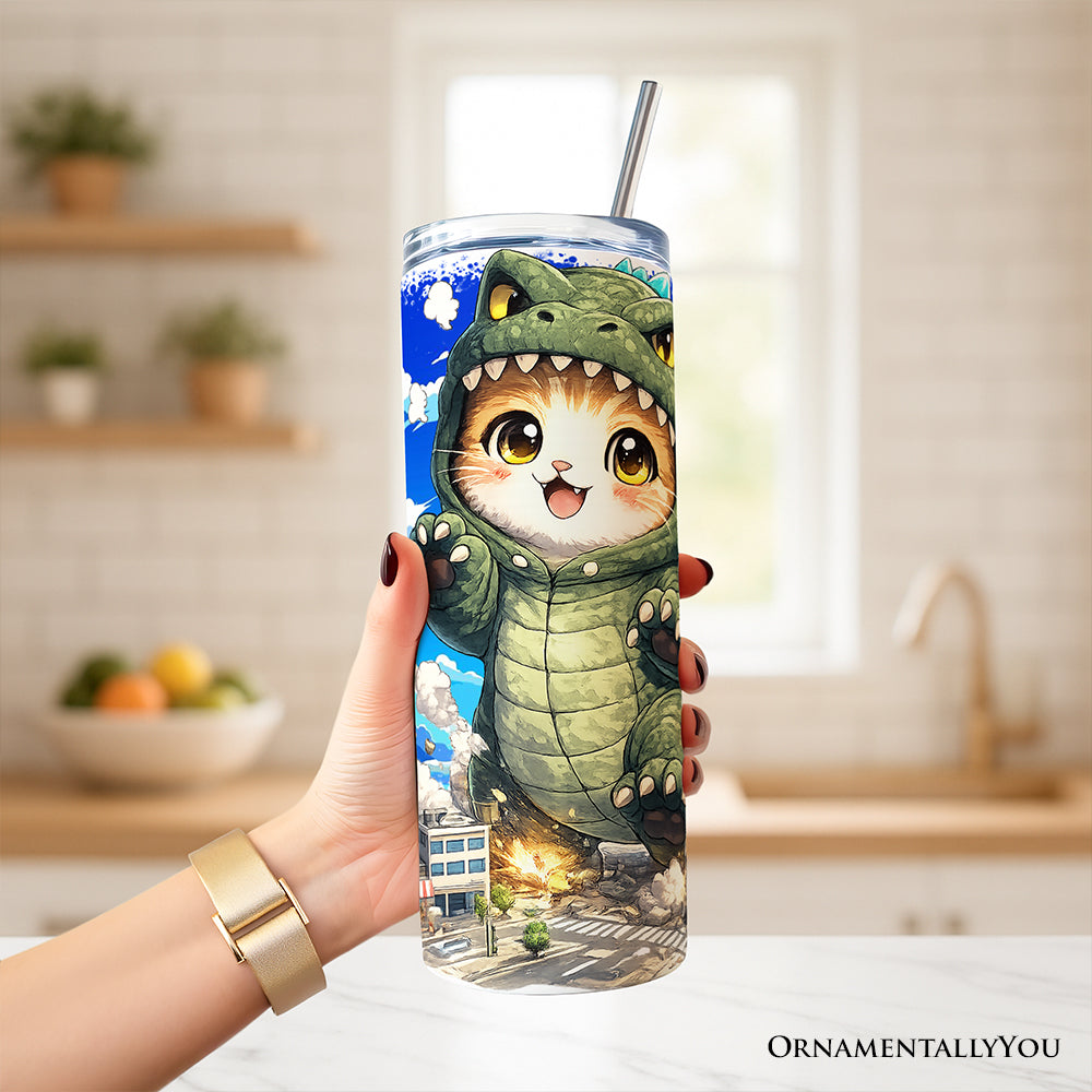 Kawaii Cat Kaiju City Destroyer 20oz Personalized Tumbler With Lid and Stainless Steel Straw, Japanese Anime Gift Cup