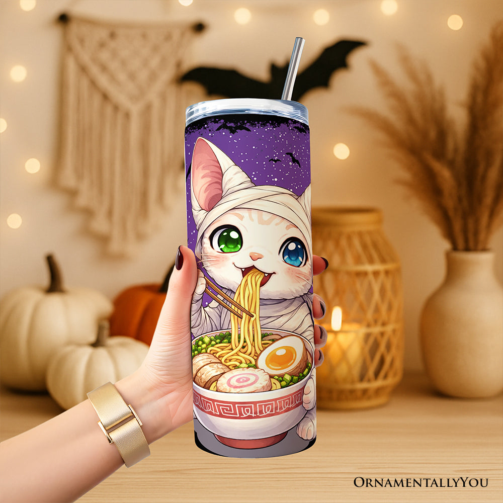 Kawaii Halloween Ramen Sphynx Cat 20oz Personalized Tumbler With Lid and Stainless Steel Straw, Japanese Anime Gift Cup