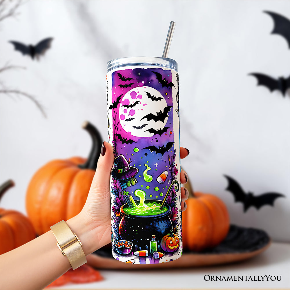 Neon Halloween Witch Scene 20oz Personalized Tumbler With Lid and Stainless Steel Straw, Colorful Spooky Gift Cup